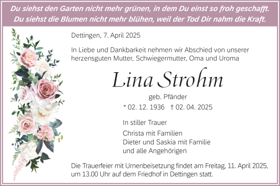 Traueranzeige von Lina Strohm von Alb-Bote/Metzinger-Uracher Volksblatt
