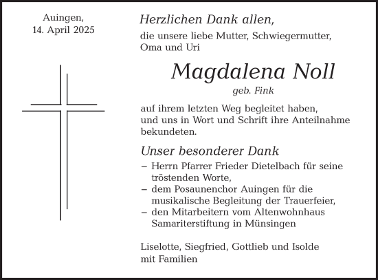 Traueranzeige von Magdalena Noll von Alb-Bote/Metzinger-Uracher Volksblatt