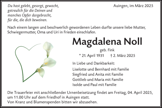 Traueranzeige von Magdalena Noll von Alb-Bote/Metzinger-Uracher Volksblatt