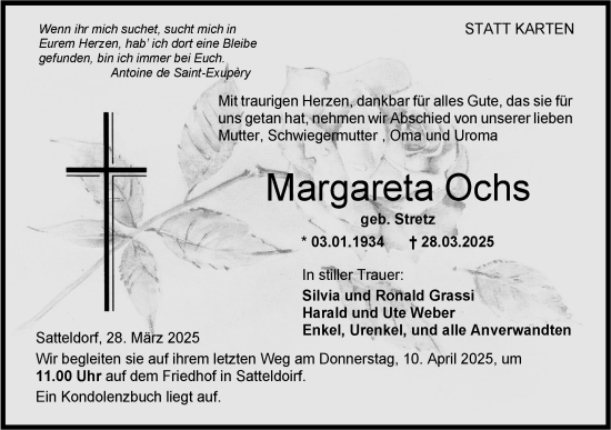 Traueranzeige von Margareta Ochs von Hohenloher Tagblatt