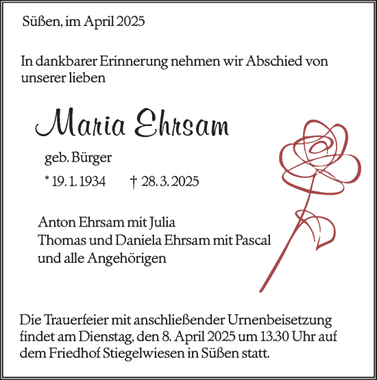 Traueranzeige von Maria Ehrsam von NWZ Neue Württembergische Zeitung