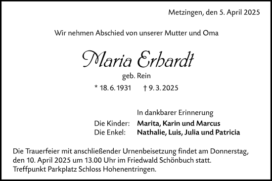 Traueranzeige von Maria Erhardt von Alb-Bote/Metzinger-Uracher Volksblatt