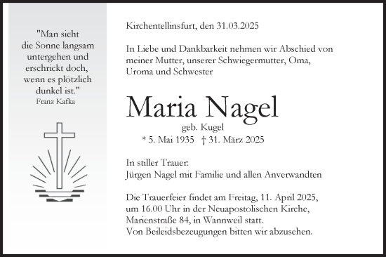 Traueranzeige von Maria Nagel von Schwäbische Tagblatt