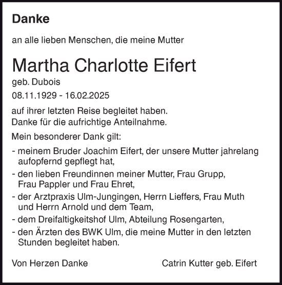 Traueranzeige von Martha Charlotte Eifert von SÜDWEST PRESSE Ausgabe Ulm/Neu-Ulm