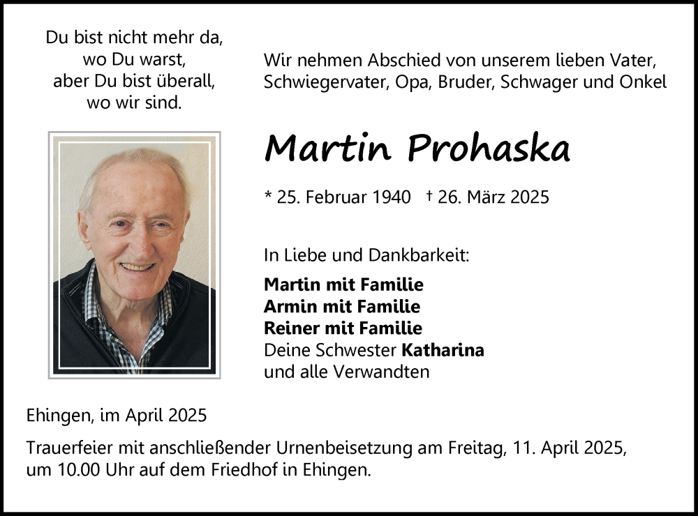  Traueranzeige für Martin Prohaska vom 08.04.2025 aus Ehinger Tagblatt