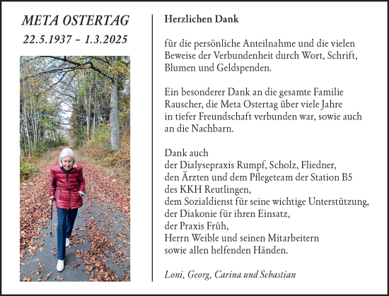 Traueranzeige von Meta Ostertag von Alb-Bote/Metzinger-Uracher Volksblatt
