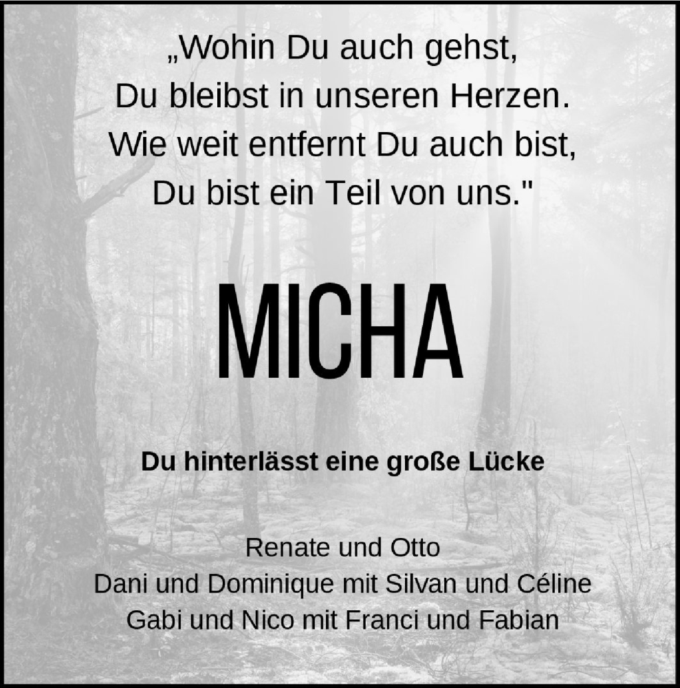 Traueranzeige für Micha  vom 01.04.2025 aus Haller Tagblatt