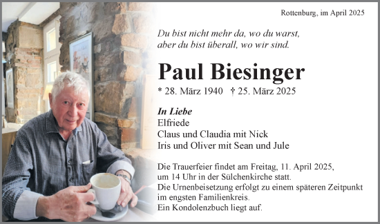 Traueranzeige von Paul Biesinger von Schwäbische Tagblatt