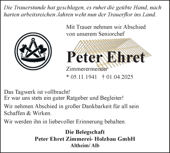 Traueranzeige von Peter Ehret von SÜDWEST PRESSE Ausgabe Ulm/Neu-Ulm