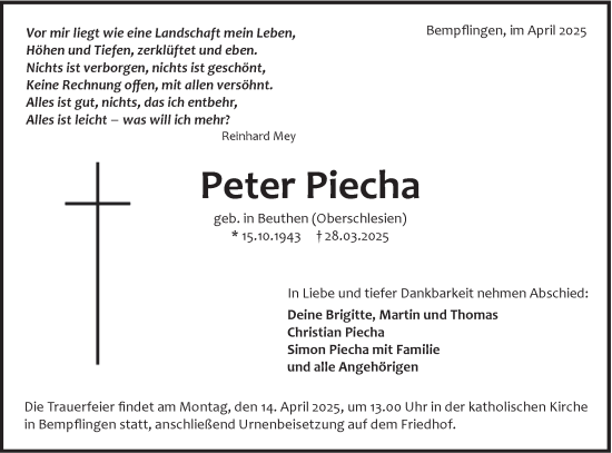 Traueranzeige von Peter Piecha von Alb-Bote/Metzinger-Uracher Volksblatt