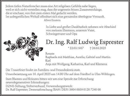 Traueranzeige von Ralf Ludwig Esprester von SÜDWEST PRESSE Ausgabe Ulm/Neu-Ulm