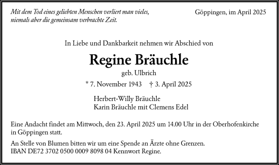 Traueranzeige von Regine Bräuchle von NWZ Neue Württembergische Zeitung