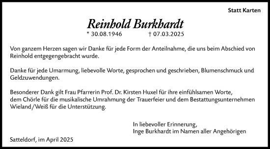 Traueranzeige von Reinhold Burkhardt von Hohenloher Tagblatt