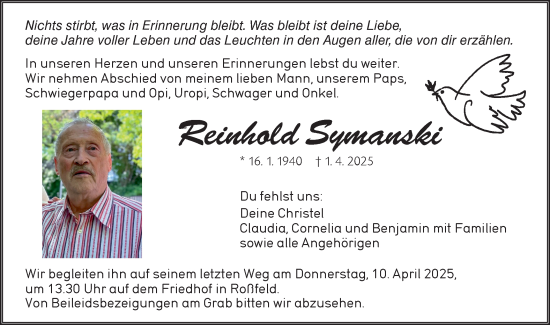 Traueranzeige von Reinhold Symanski von Hohenloher Tagblatt