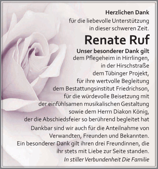 Traueranzeige von Renate Ruf von Schwäbische Tagblatt