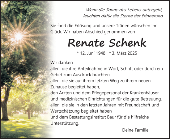 Traueranzeige von Renate Schenk von Ehinger Tagblatt
