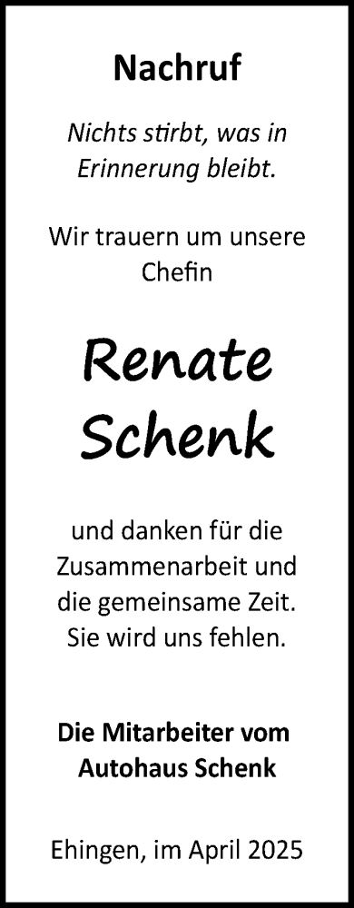 Traueranzeige von Renate Schenk von Ehinger Tagblatt
