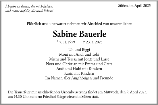 Traueranzeige von Sabine Bauerle von NWZ Neue Württembergische Zeitung