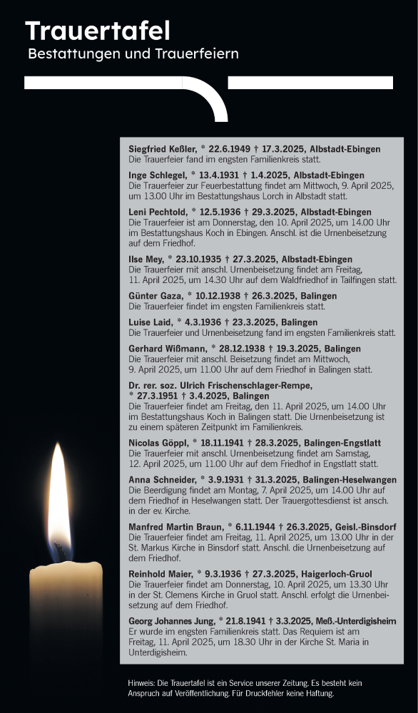  Traueranzeige für Sterbetafel vom 08.04.2025 vom 08.04.2025 aus SÜDWEST PRESSE Zollernalbkreis/Hohenzollerische Zeitung