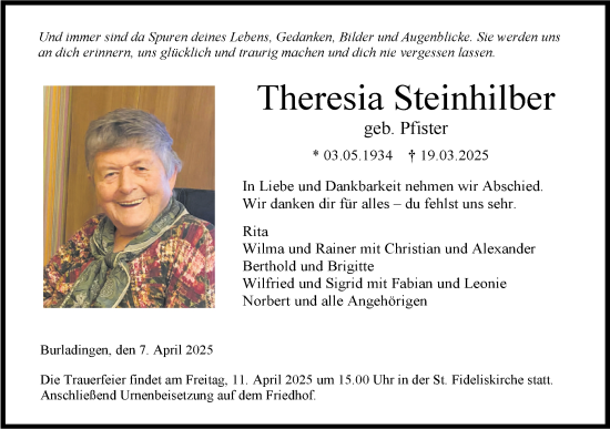 Traueranzeige von Theresia Steinhilber von SÜDWEST PRESSE Zollernalbkreis/Hohenzollerische Zeitung