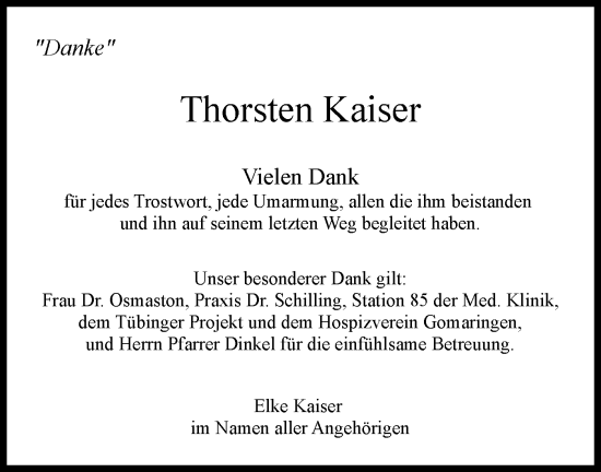 Traueranzeige von Thorsten Kaiser von Schwäbische Tagblatt