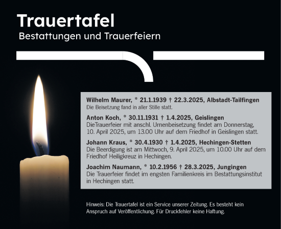 Traueranzeige von Totentafel vom 05.04.2025 von SÜDWEST PRESSE Zollernalbkreis/Hohenzollerische Zeitung
