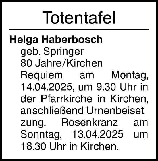 Traueranzeige von Totentafel vom 10.04.2025 von Ehinger Tagblatt