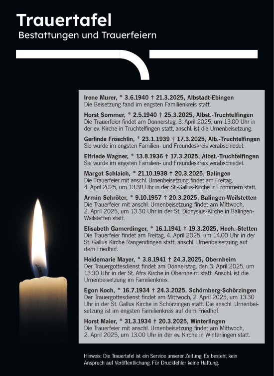 Traueranzeige von Trauertafel vom 01.04.2025 von SÜDWEST PRESSE Zollernalbkreis/Hohenzollerische Zeitung