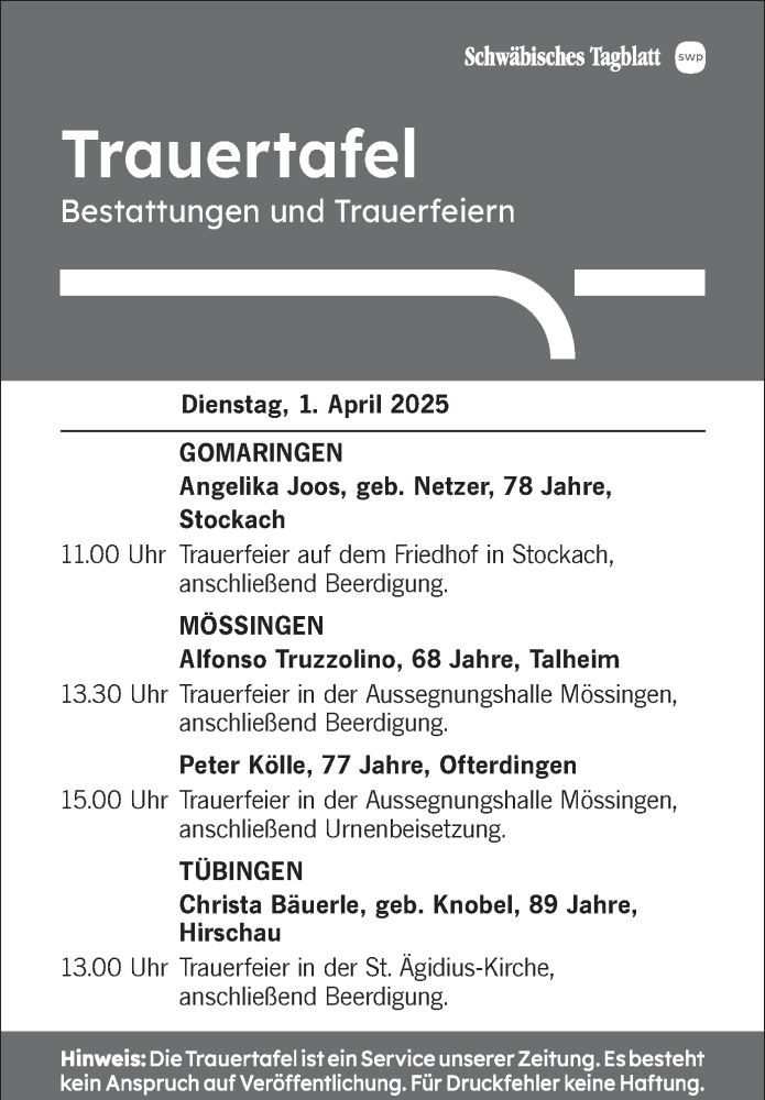  Traueranzeige für Trauertafel vom 01.04.2025 vom 01.04.2025 aus Schwäbische Tagblatt