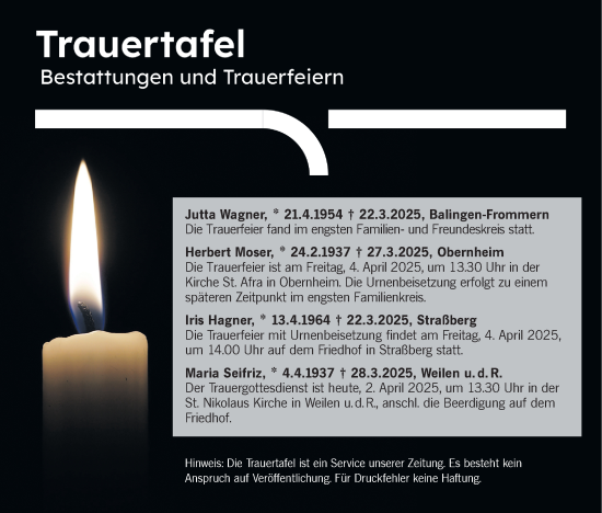 Traueranzeige von Trauertafel vom 02.04.2025 von SÜDWEST PRESSE Zollernalbkreis/Hohenzollerische Zeitung
