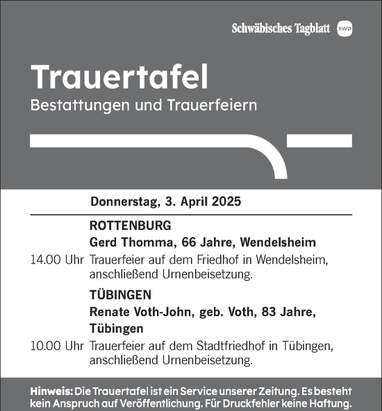 Traueranzeige von Trauertafel vom 03.04.2025 von Schwäbische Tagblatt