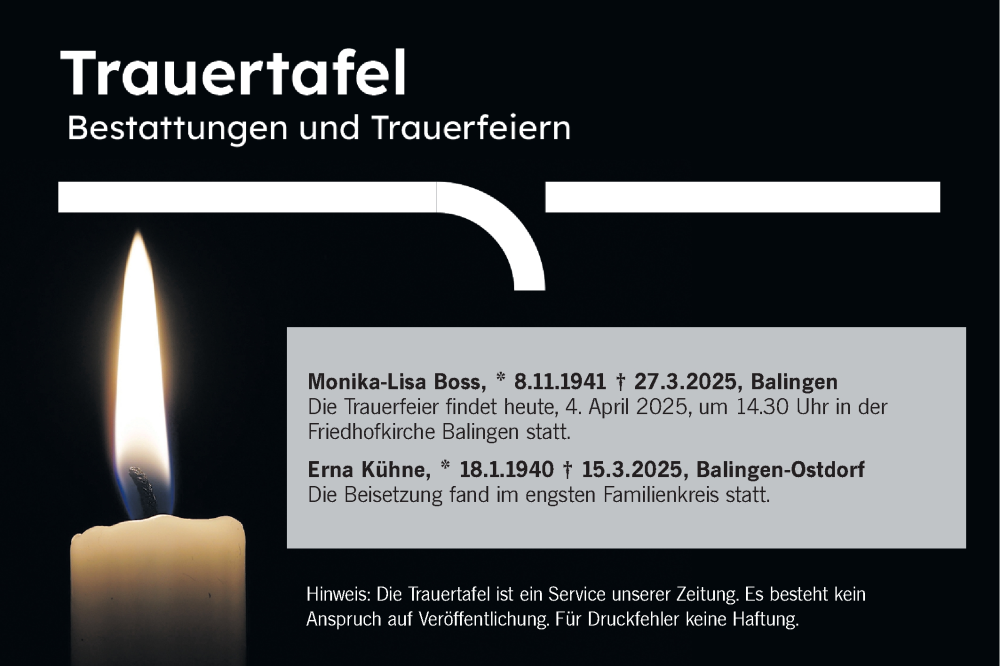  Traueranzeige für Trauertafel vom 04.04.2025 vom 04.04.2025 aus SÜDWEST PRESSE Zollernalbkreis/Hohenzollerische Zeitung