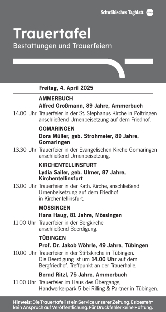 Traueranzeige von Trauertafel vom 04.04.2025 von Schwäbische Tagblatt