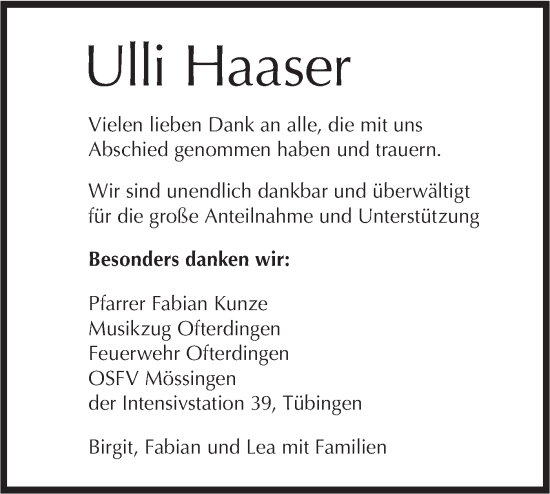Traueranzeige von Ulli Haaser von Schwäbische Tagblatt