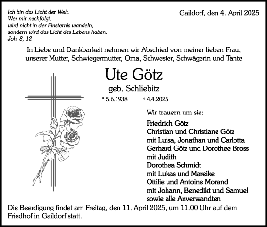 Traueranzeige von Ute Götz von Rundschau Gaildorf