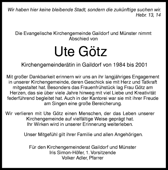 Traueranzeige von Ute Götz von Rundschau Gaildorf