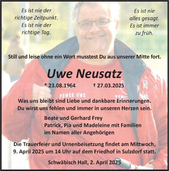 Traueranzeige von Uwe Neusatz von Haller Tagblatt