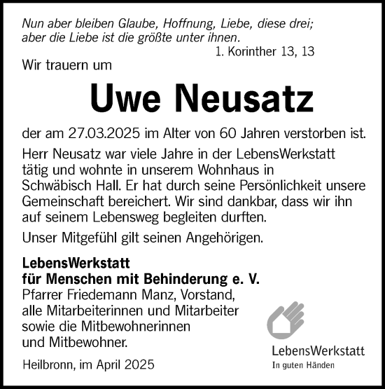 Traueranzeige von Uwe Neusatz von Haller Tagblatt