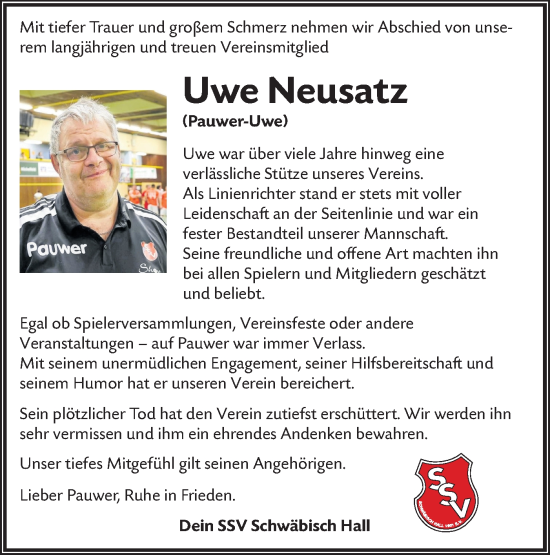 Traueranzeige von Uwe Neusatz von Haller Tagblatt