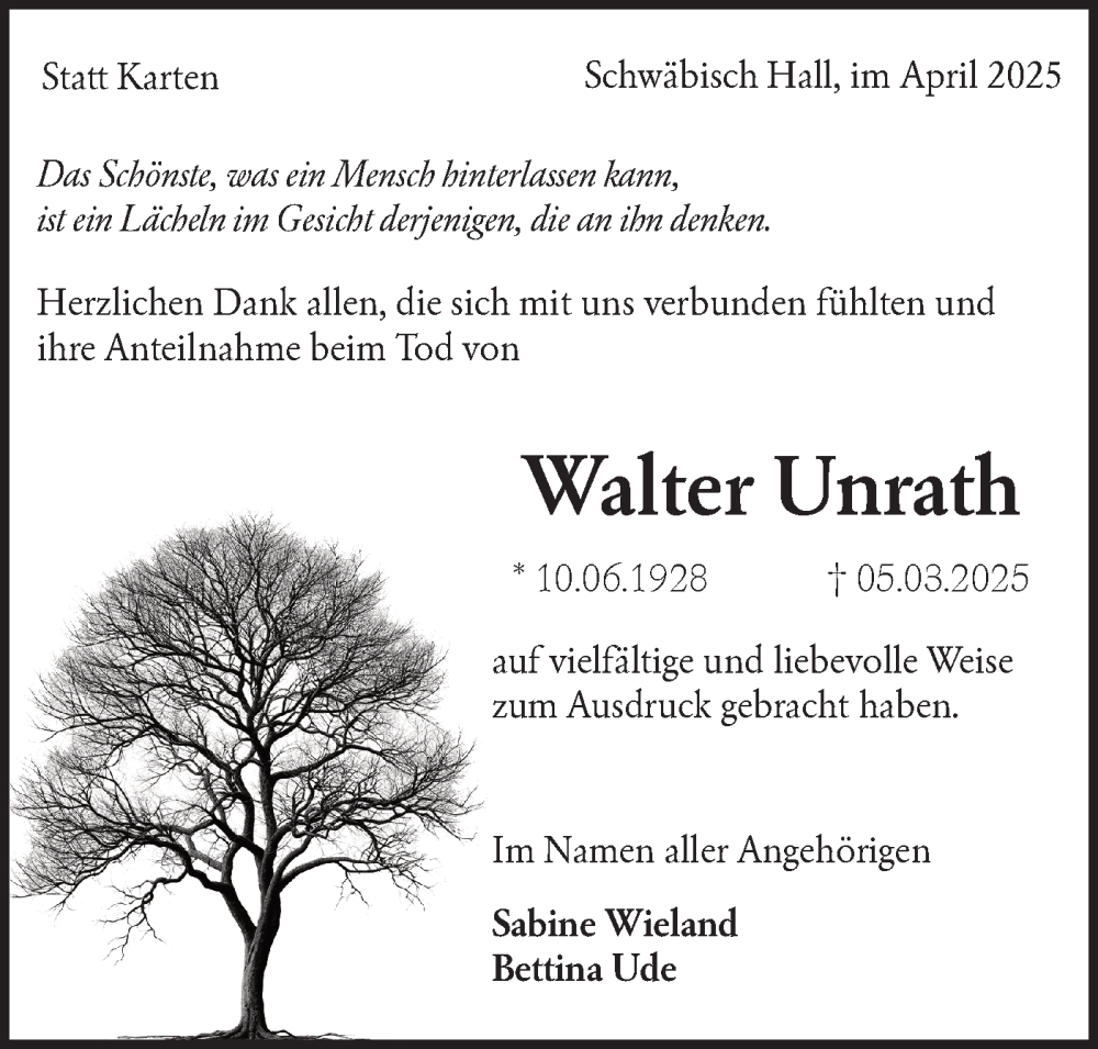  Traueranzeige für Walter Unrath vom 12.04.2025 aus Haller Tagblatt