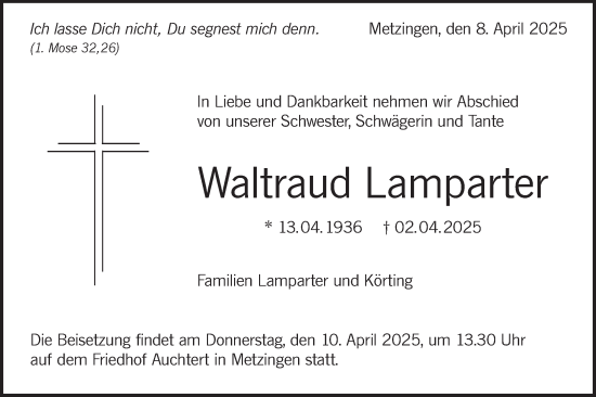 Traueranzeige von Waltraud Lamparter von Alb-Bote/Metzinger-Uracher Volksblatt