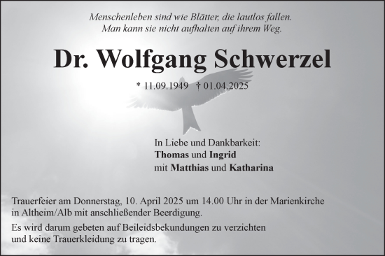 Traueranzeige von Wolfgang Schwerzel von SÜDWEST PRESSE Ausgabe Ulm/Neu-Ulm