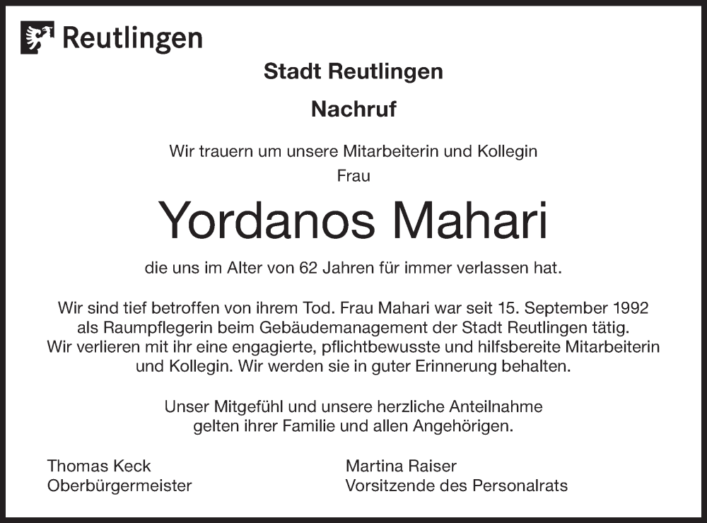  Traueranzeige für Yordanos Mahari vom 01.04.2025 aus Alb-Bote/Metzinger-Uracher Volksblatt