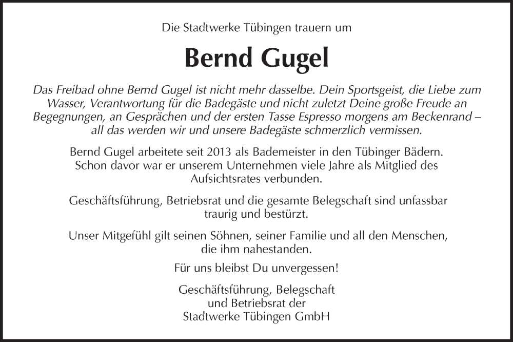  Traueranzeige für Bernd Gugel vom 16.07.2025 aus Schwäbische Tagblatt