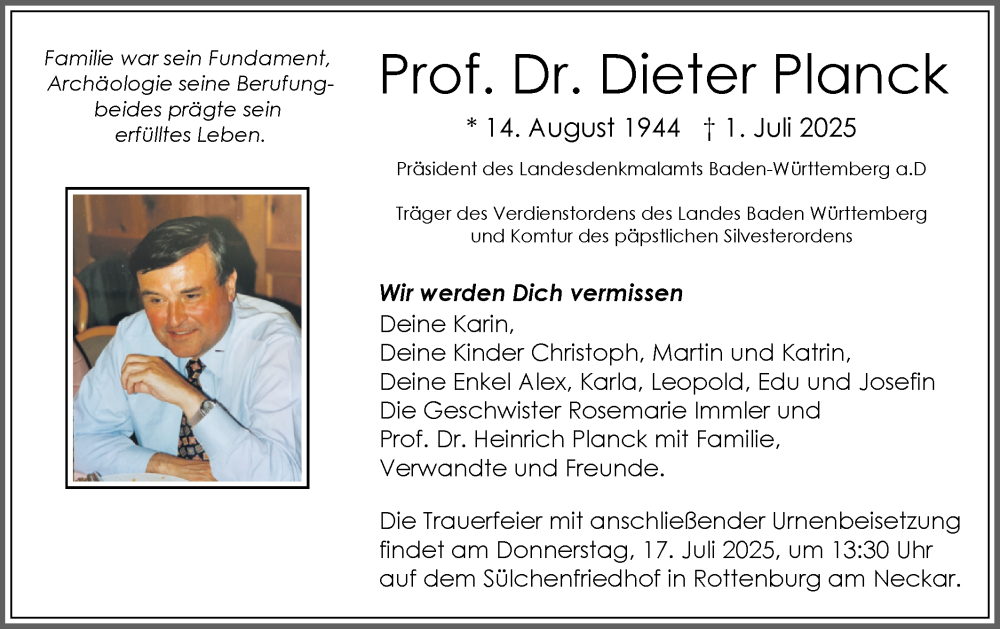  Traueranzeige für Dieter Planck vom 09.07.2025 aus Schwäbische Tagblatt
