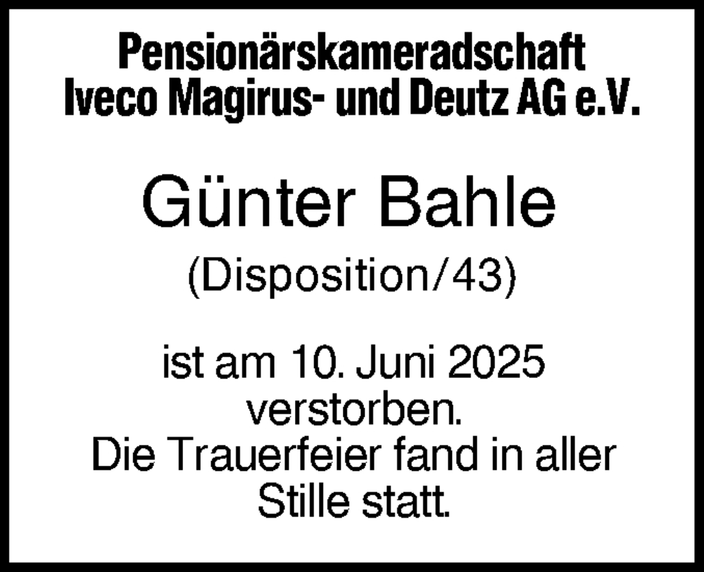  Traueranzeige für Günter Bahle vom 03.07.2025 aus SÜDWEST PRESSE Ausgabe Ulm/Neu-Ulm