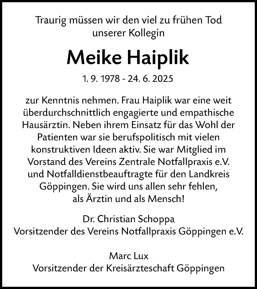  Traueranzeige für Meike Haiplik vom 09.07.2025 aus NWZ Neue Württembergische Zeitung