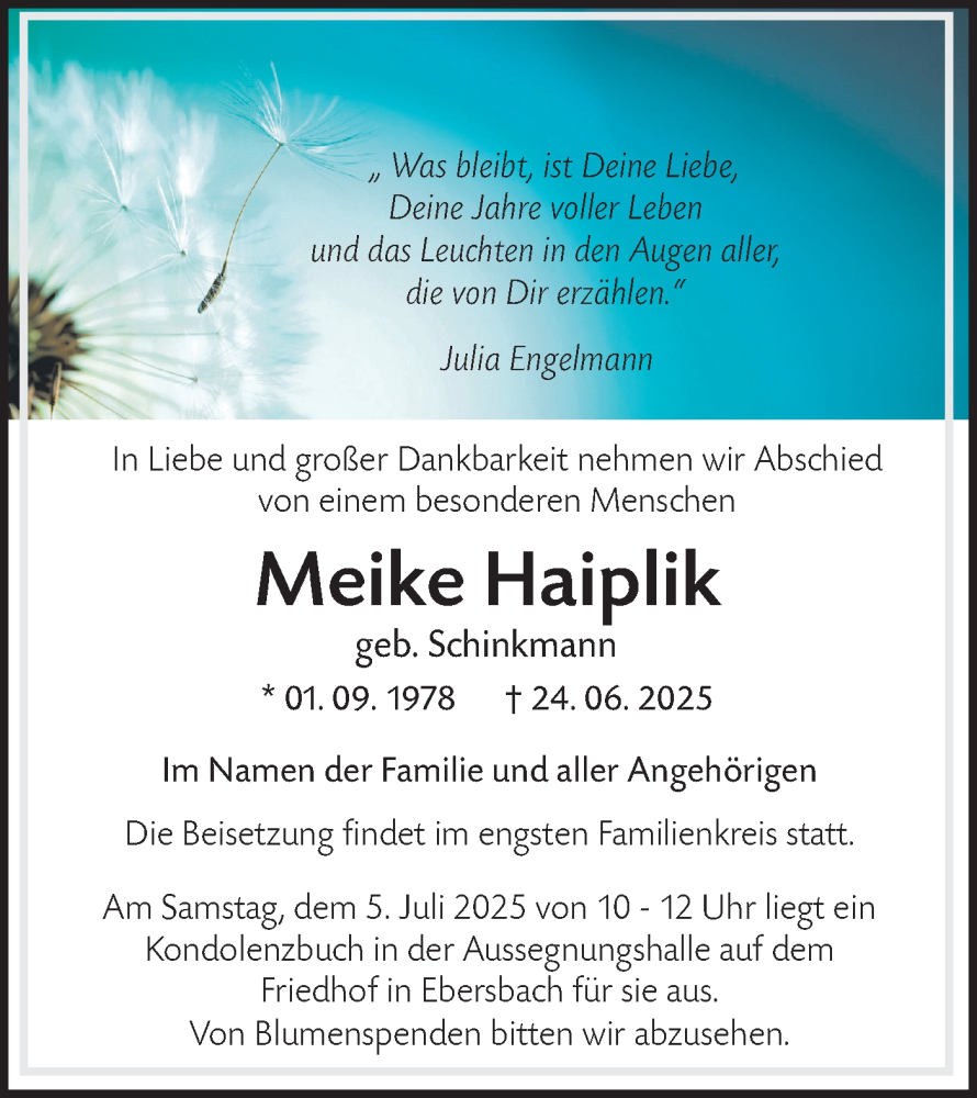  Traueranzeige für Meike Haiplik vom 02.07.2025 aus NWZ Neue Württembergische Zeitung
