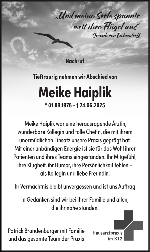  Traueranzeige für Meike Haiplik vom 17.07.2025 aus NWZ Neue Württembergische Zeitung