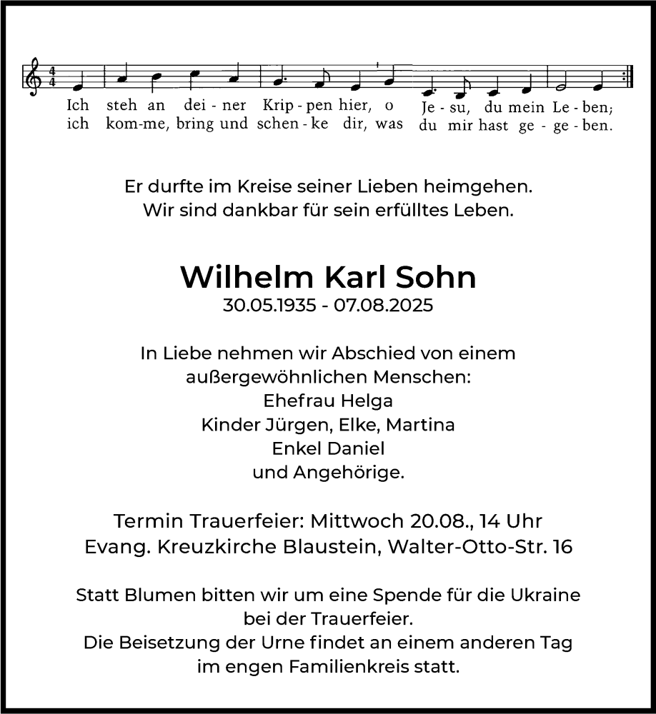  Traueranzeige für Wilhelm Karl Sohn vom 16.08.2025 aus SÜDWEST PRESSE Ausgabe Ulm/Neu-Ulm